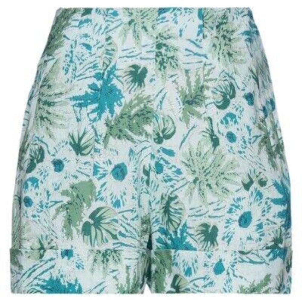cult gaia Teal and Green Floral Print High-Waist Shorts